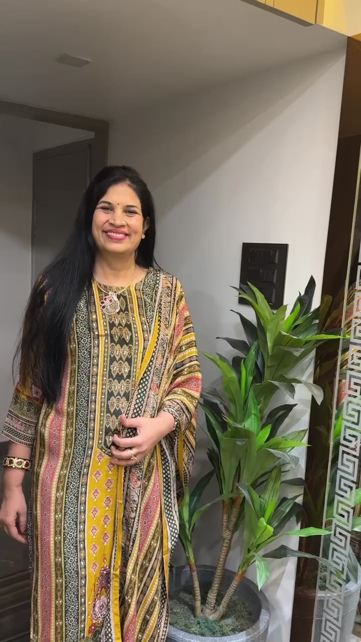 Mustard Printed Long Kurti with Ethnic Detailing video2