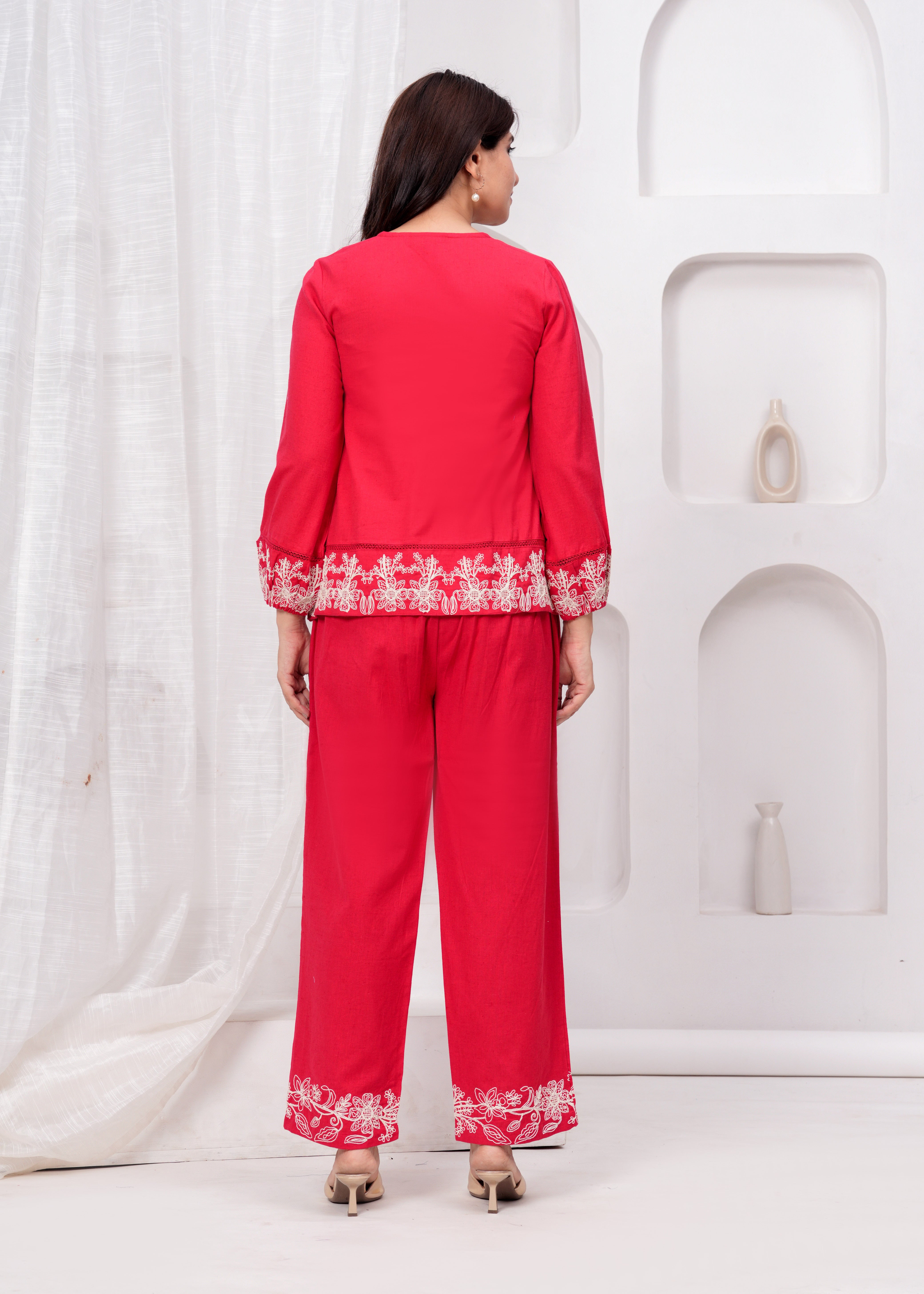 Red Embroidered Co-ord Set with Flared Pants back view