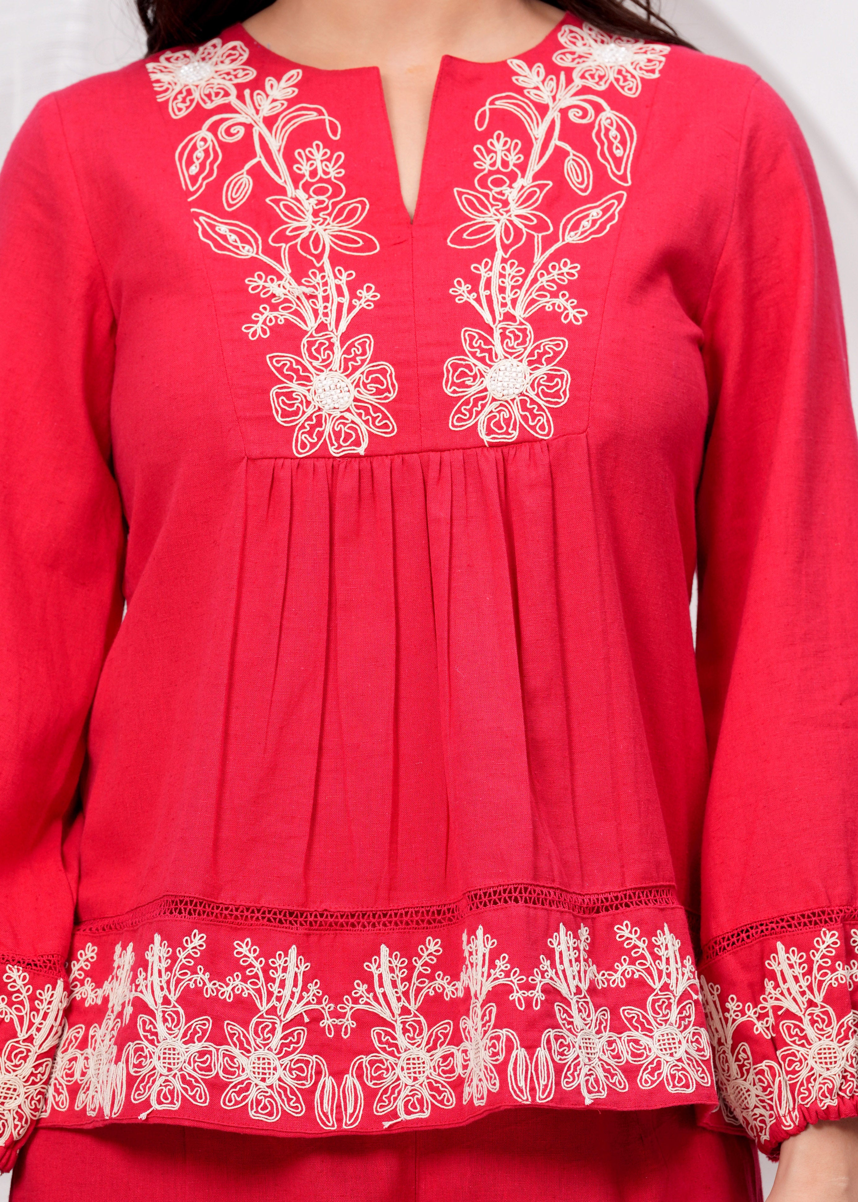 Red Embroidered Co-ord Set with Flared Pants top view