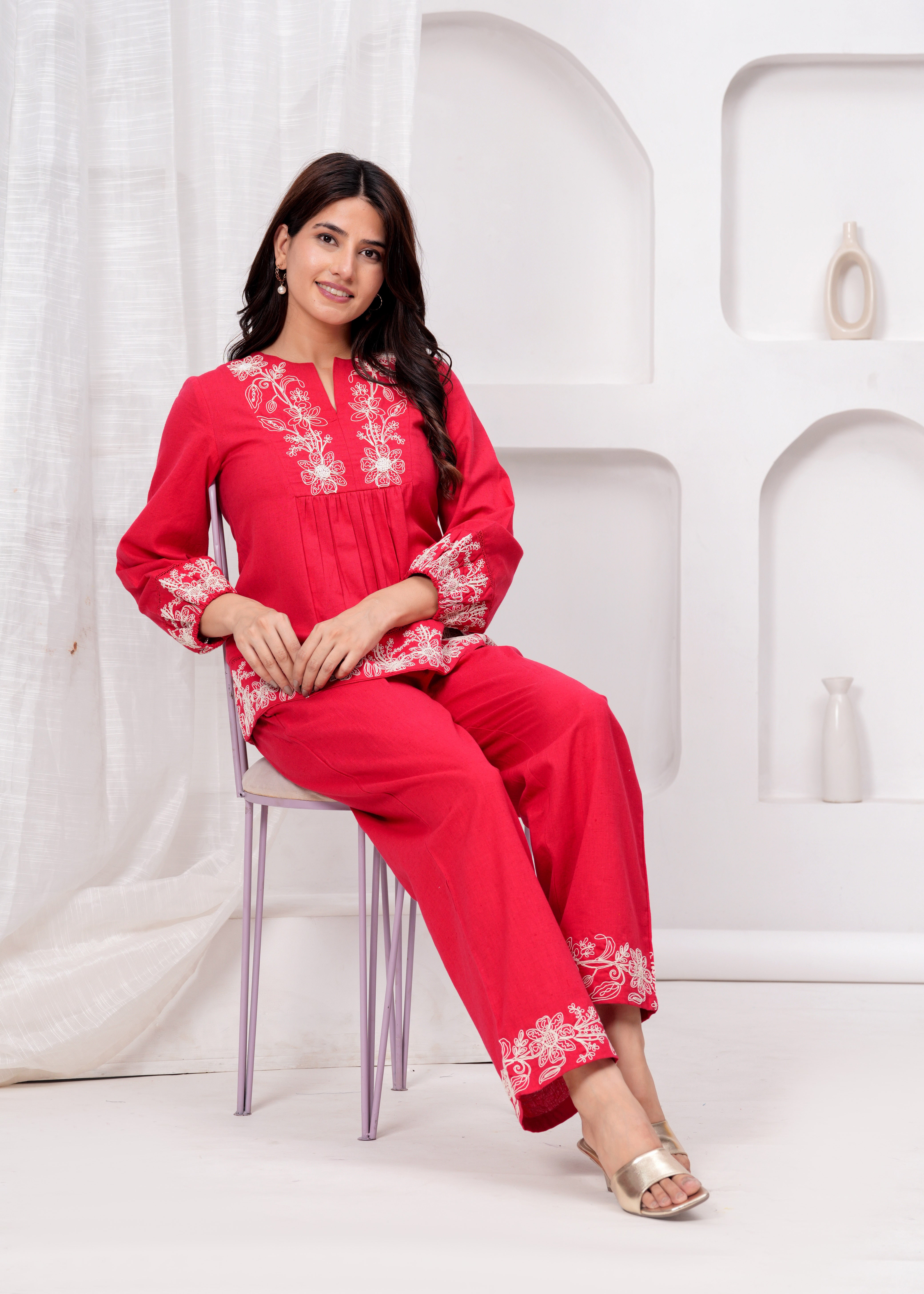 Red Embroidered Co-ord Set with Flared Pants sitting view