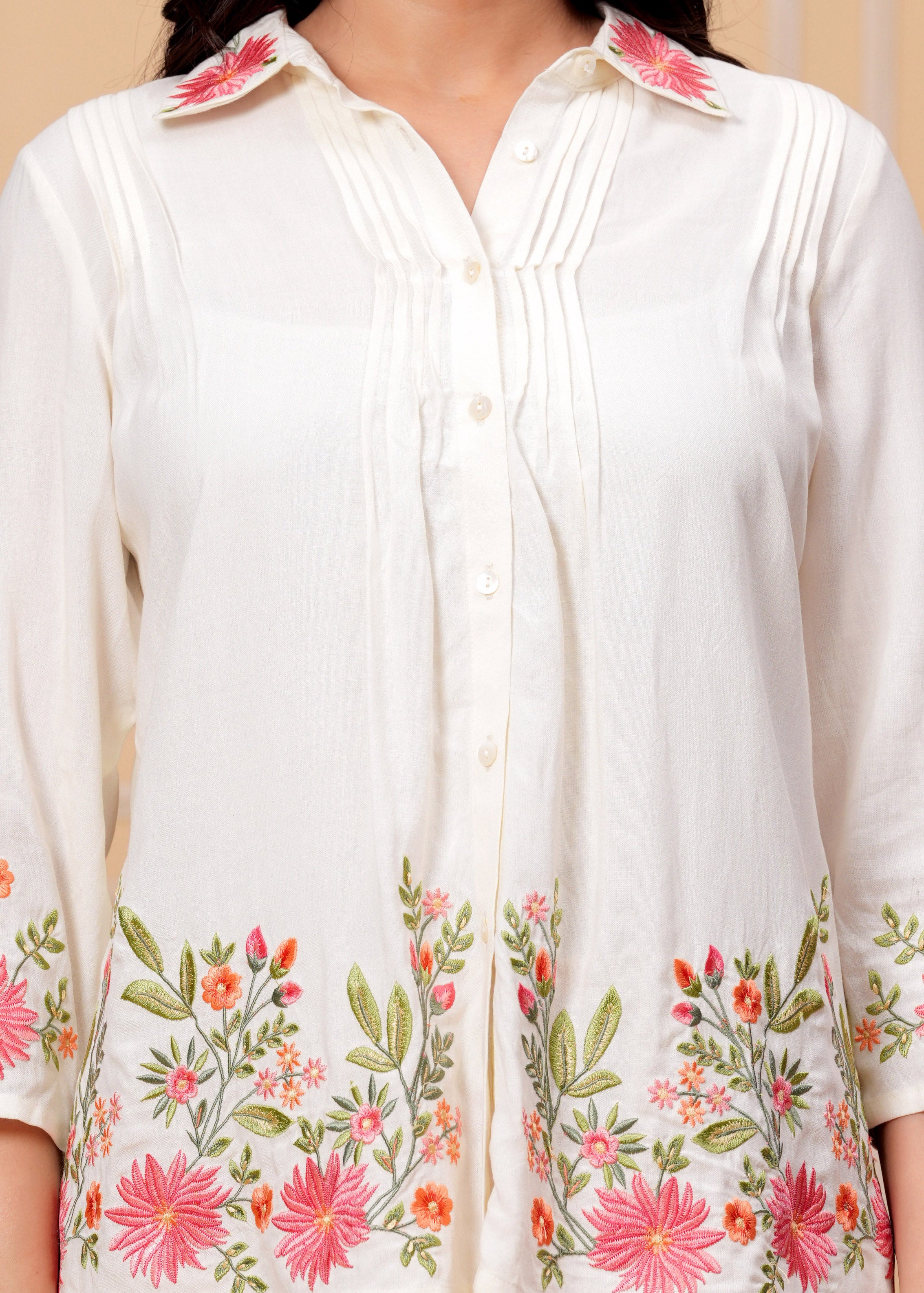 Elegant Cream Floral Embroidered Co-ord Set work view