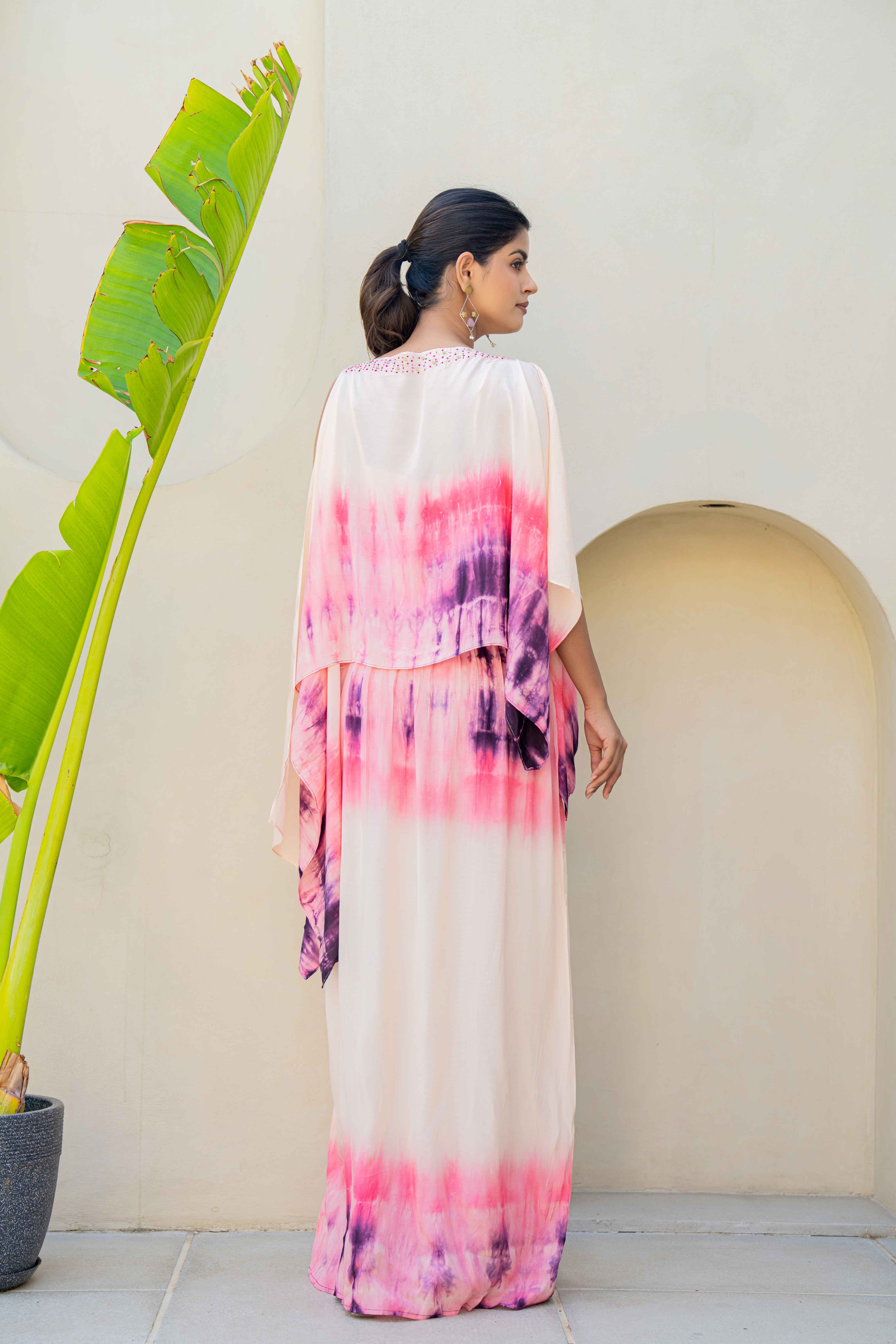 Pink & Purple Ombre Tie-Dye Kaftan Dress with Embellished Neckline back view