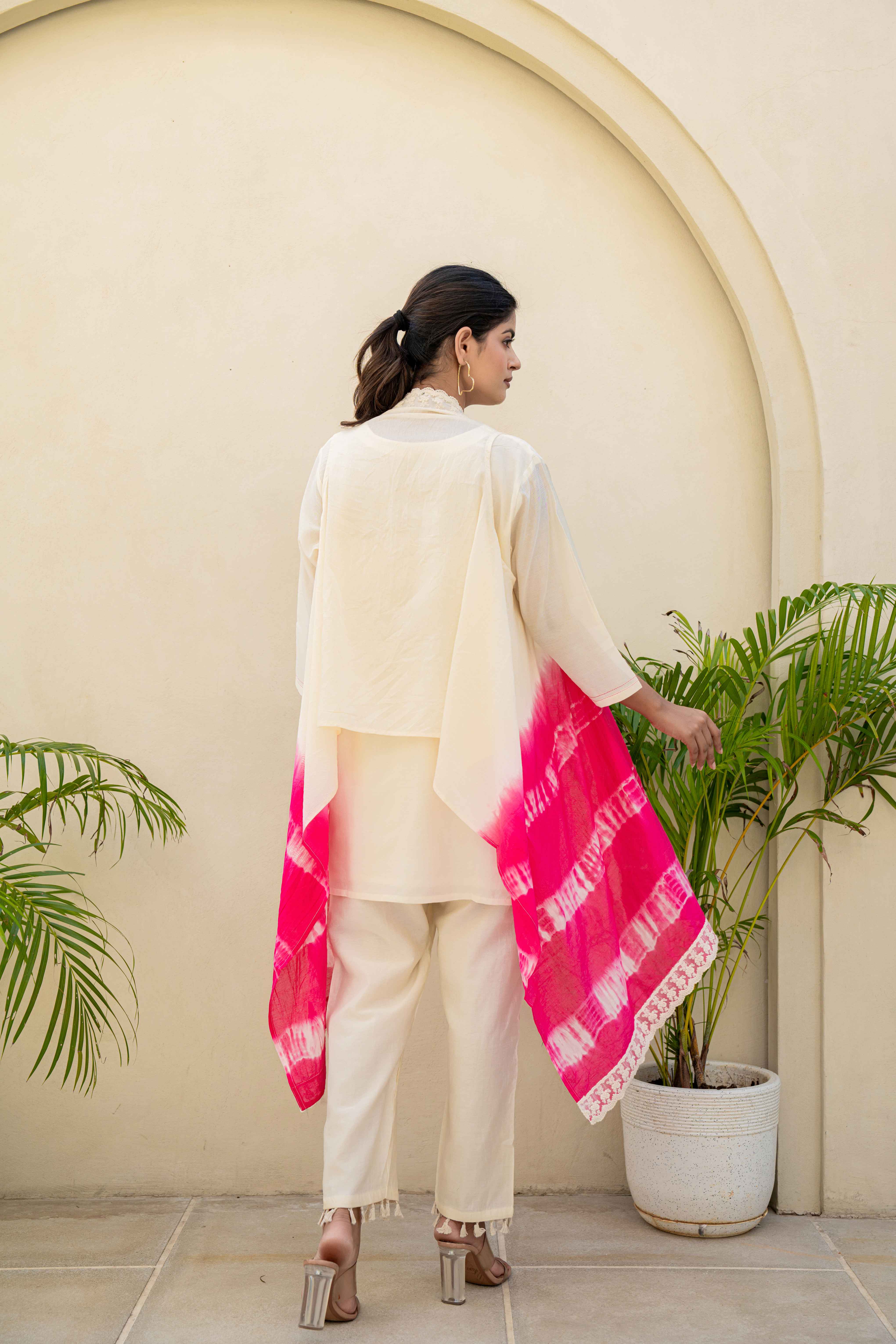 Elegant Ivory and Pink Ombre Kurti Set with Lace Detailing back view

