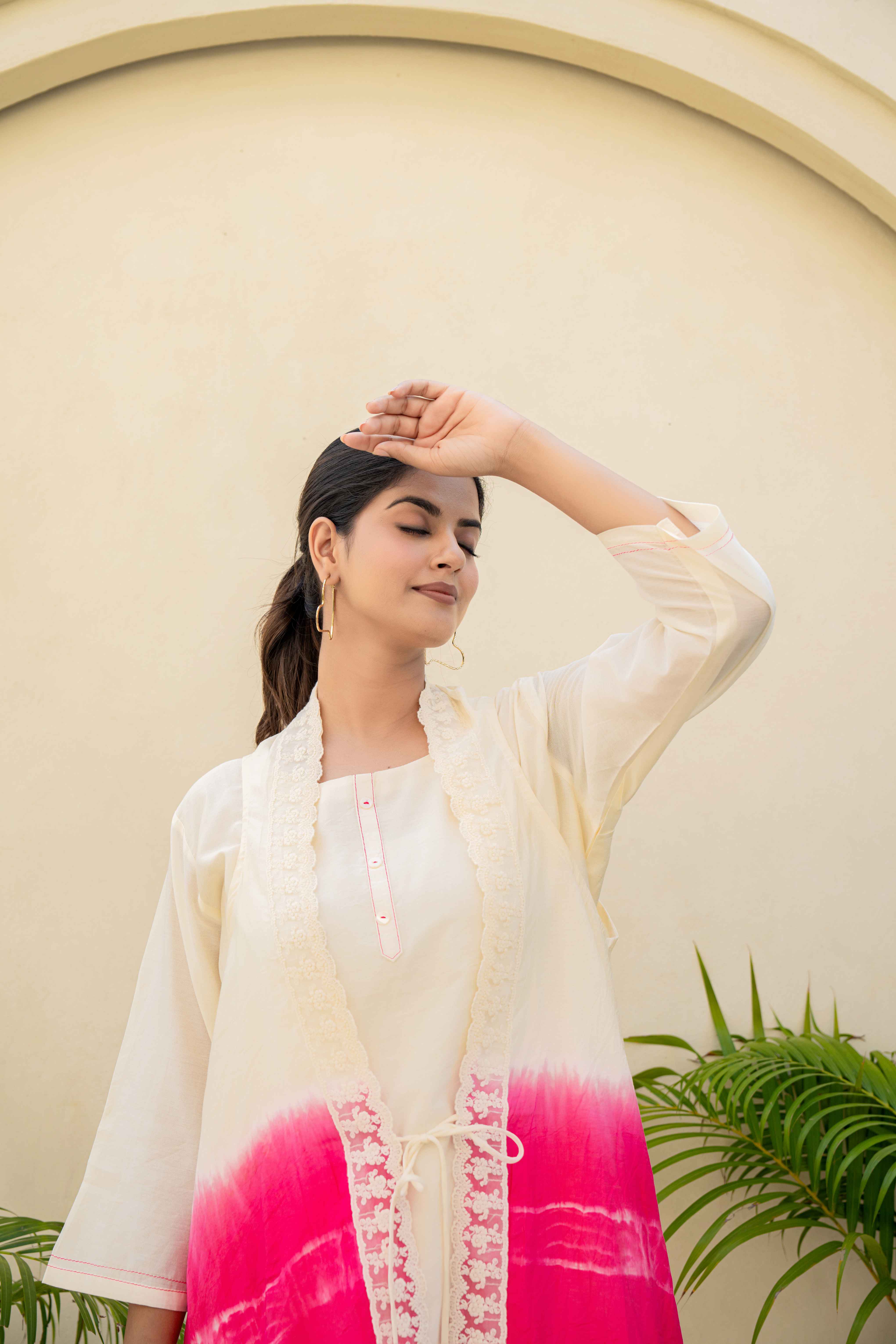 Elegant Ivory and Pink Ombre Kurti Set with Lace Detailing top view

