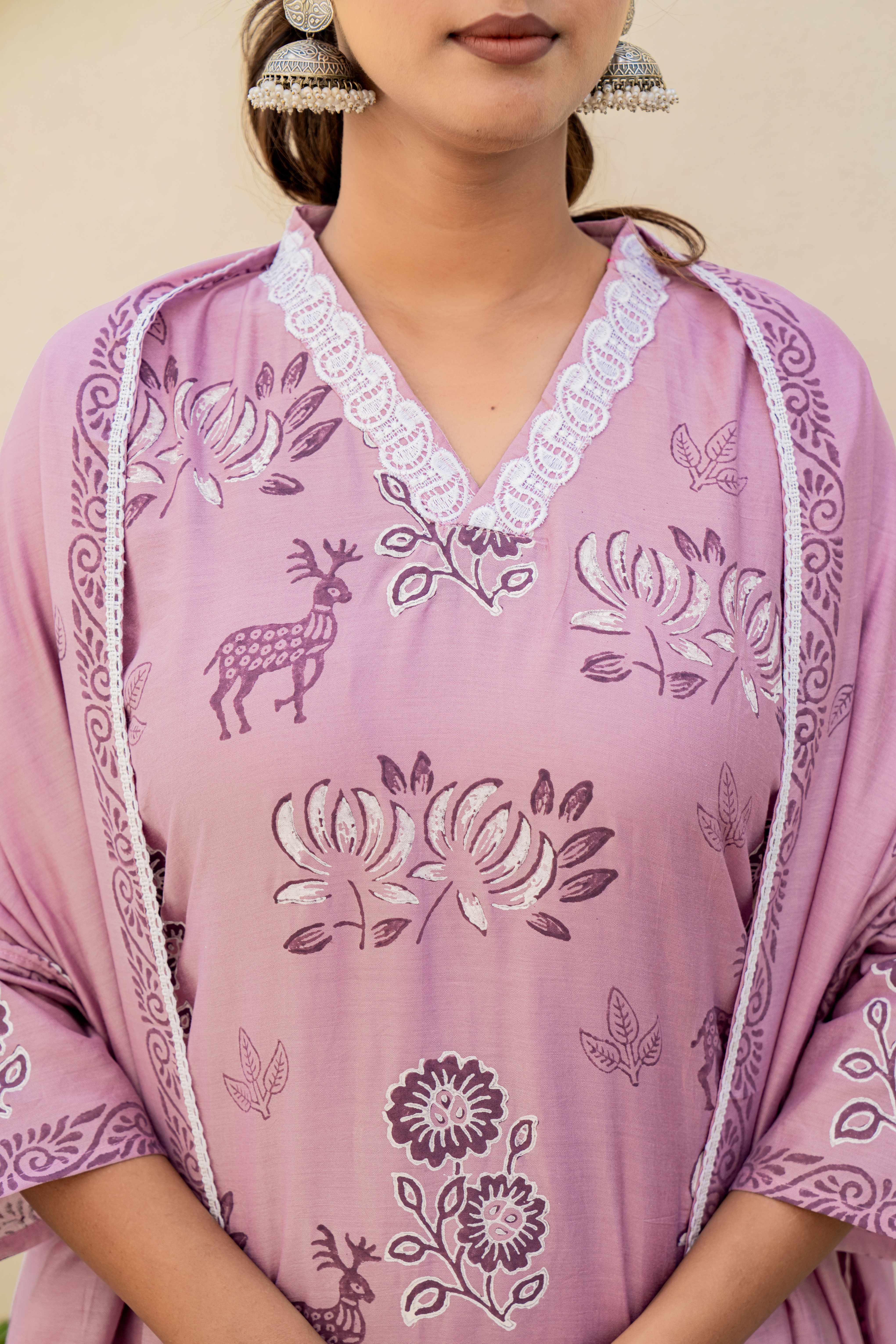 Lavender Embroidered Kurti Set with Dupatta  – Ethnic Elegance top view