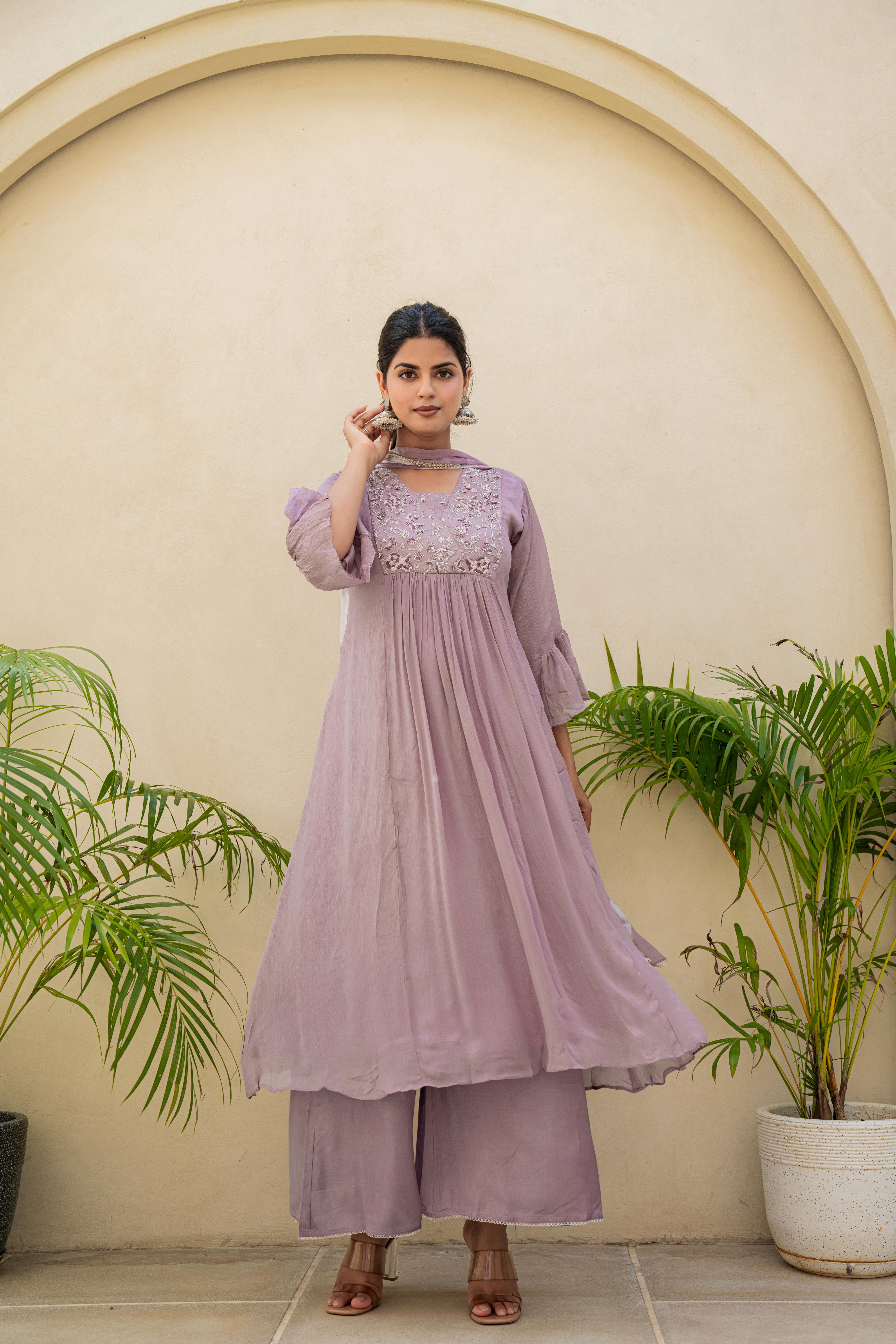 Lavender Embroidered A line Kurti Set with Dupatta | Elegant Ethnic Wear – House of Olivia standing view


