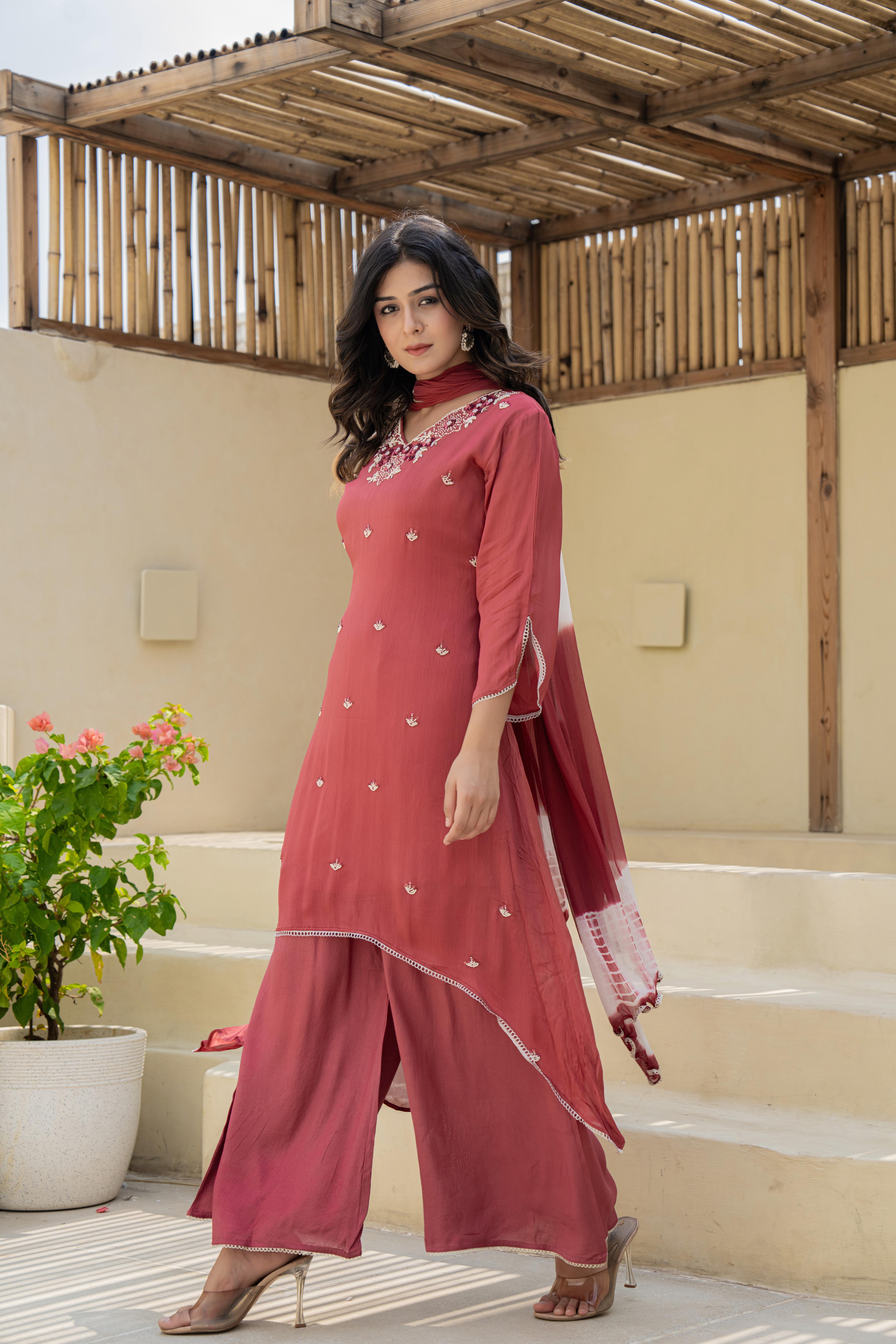 Rust Embroidered High-Low A-Line Kurti Set with Dupatta | House of Olivia side view

