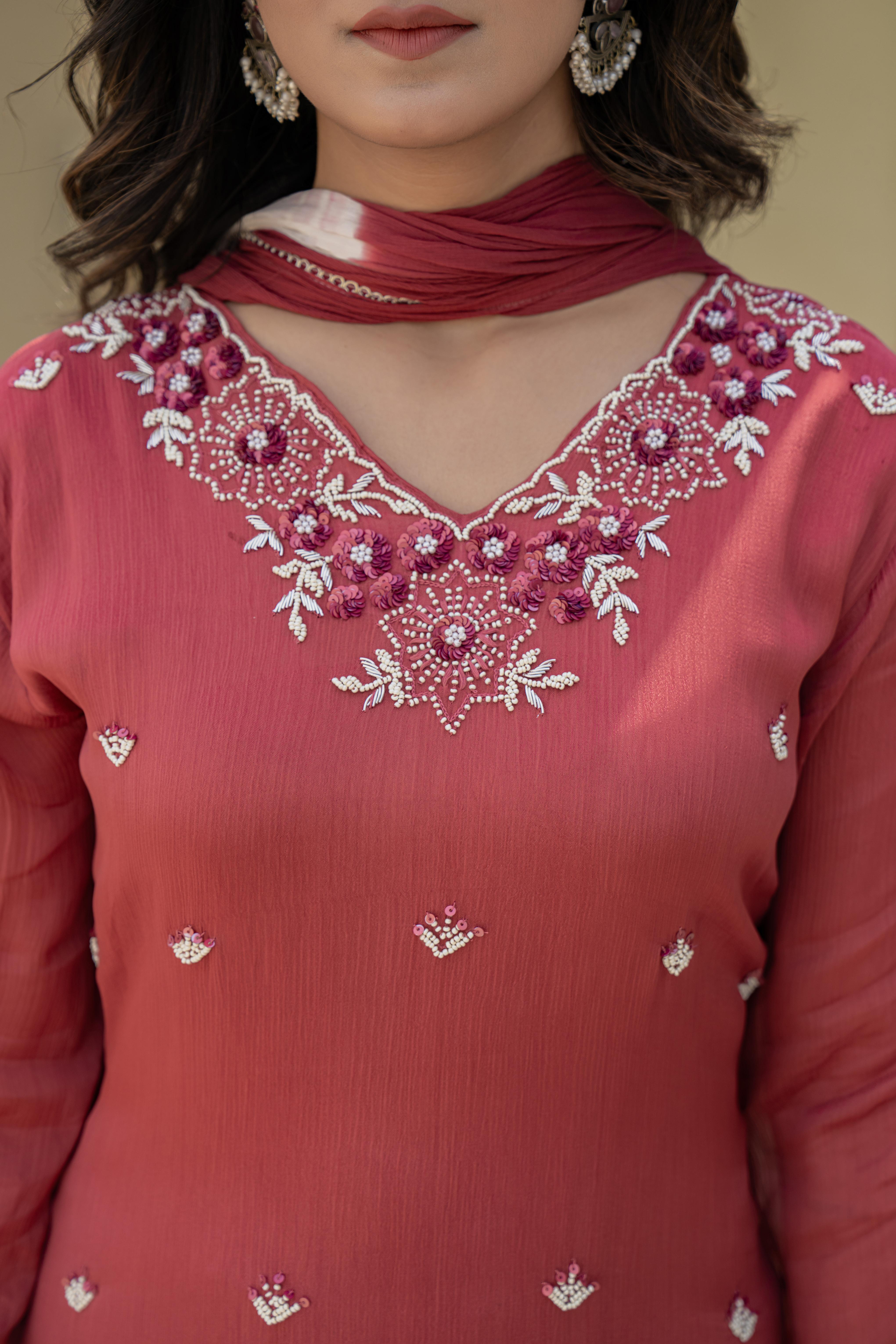 Rust Embroidered High-Low A-Line Kurti Set with Dupatta | House of Olivia neck embroidery view

