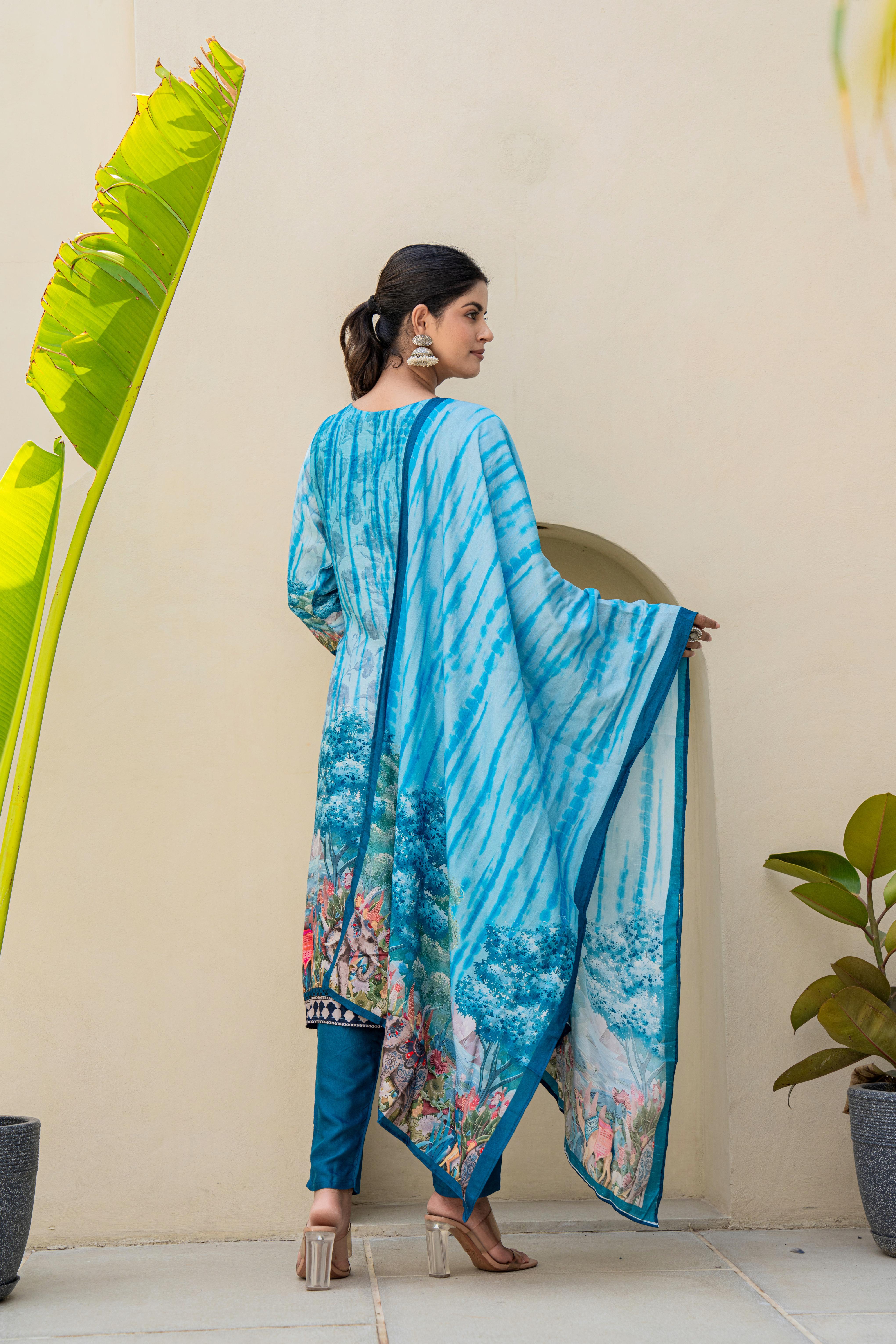 Blue Printed Kurti Set with Embroidered Neckline and Scenic Dupatta | House of Olivia back view


