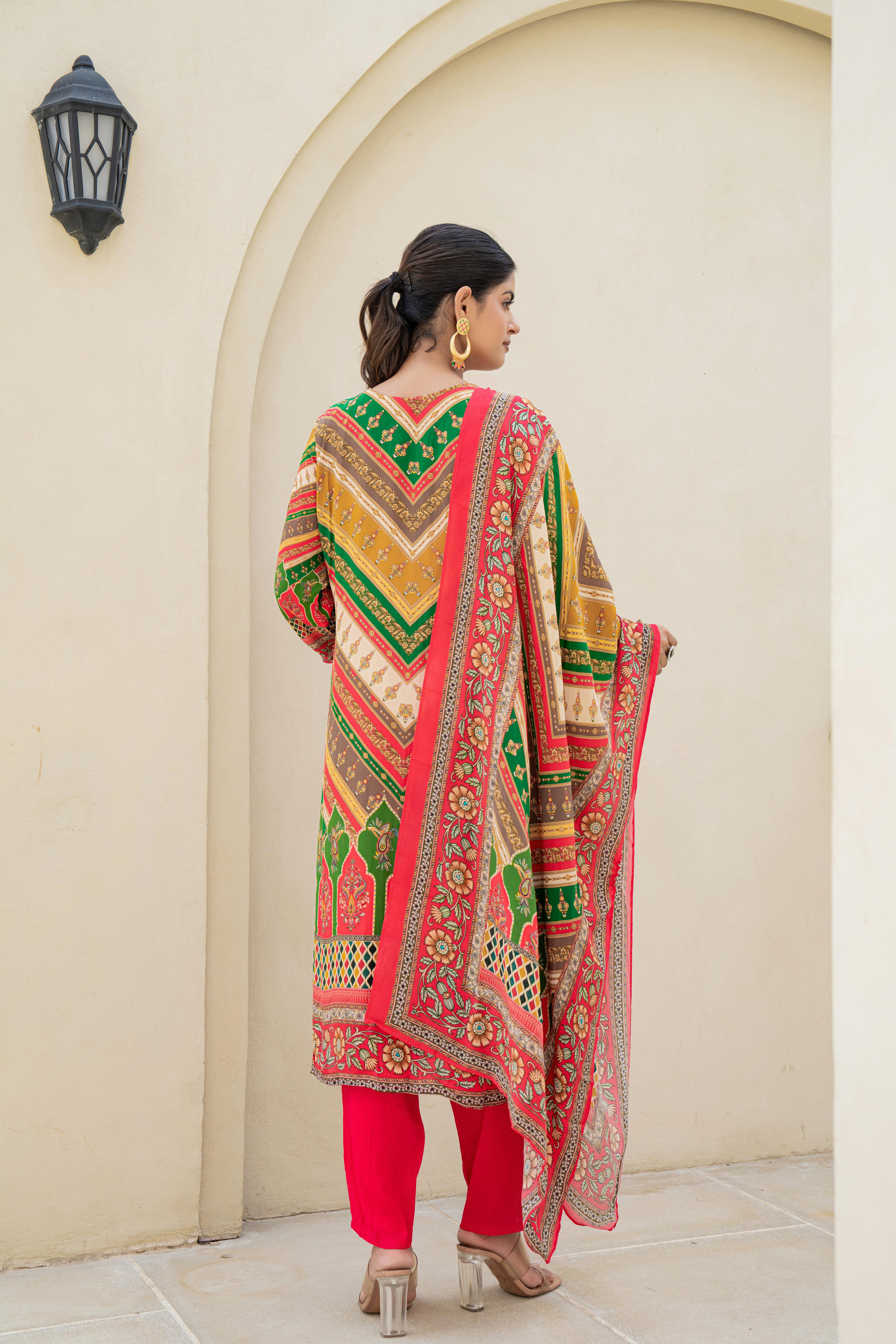 Multicolor Printed Kurti Set with Intricate Detailing and Dupatta | House of Olivia back view


