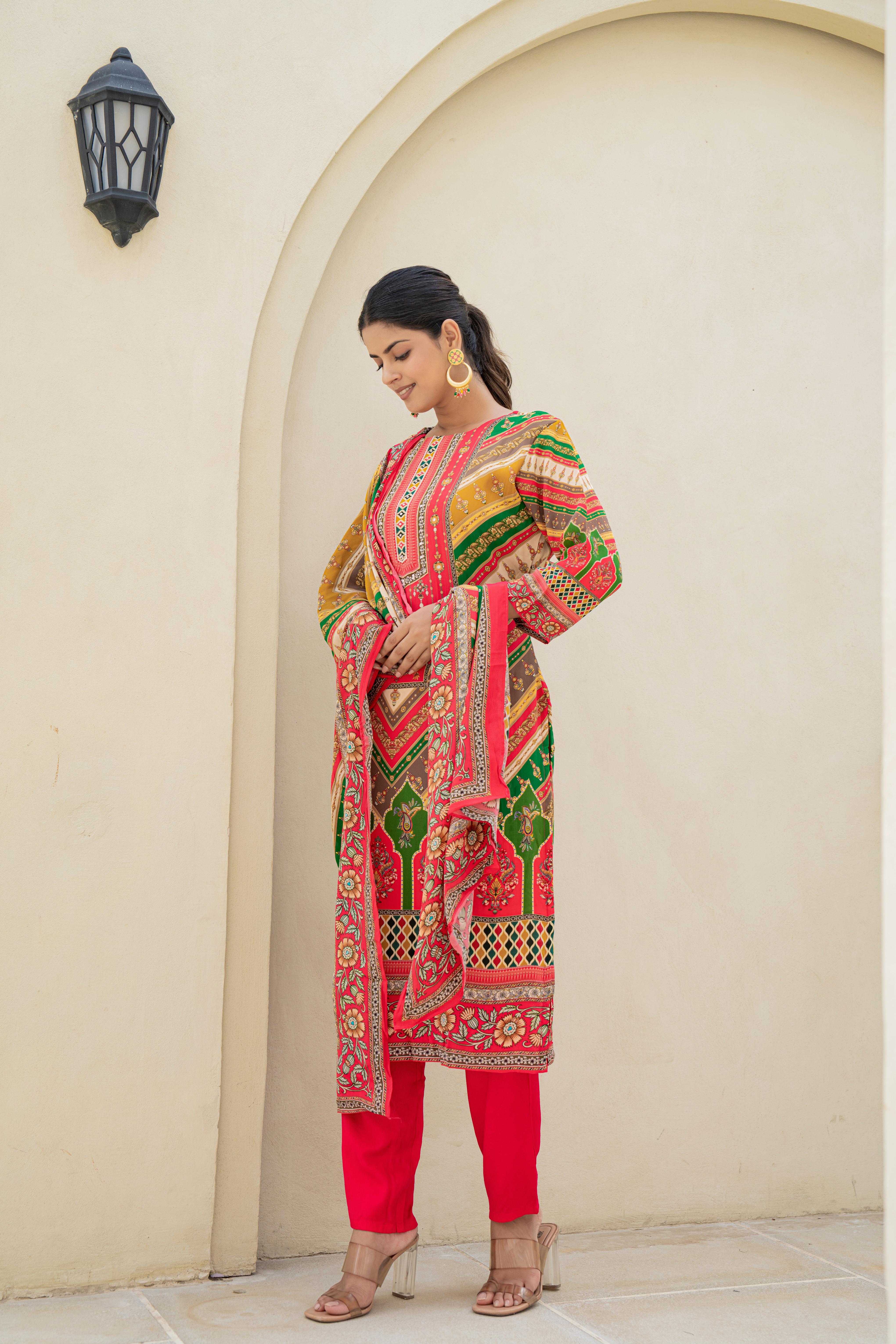 Multicolor Printed Kurti Set with Intricate Detailing and Dupatta | House of Olivia side view

