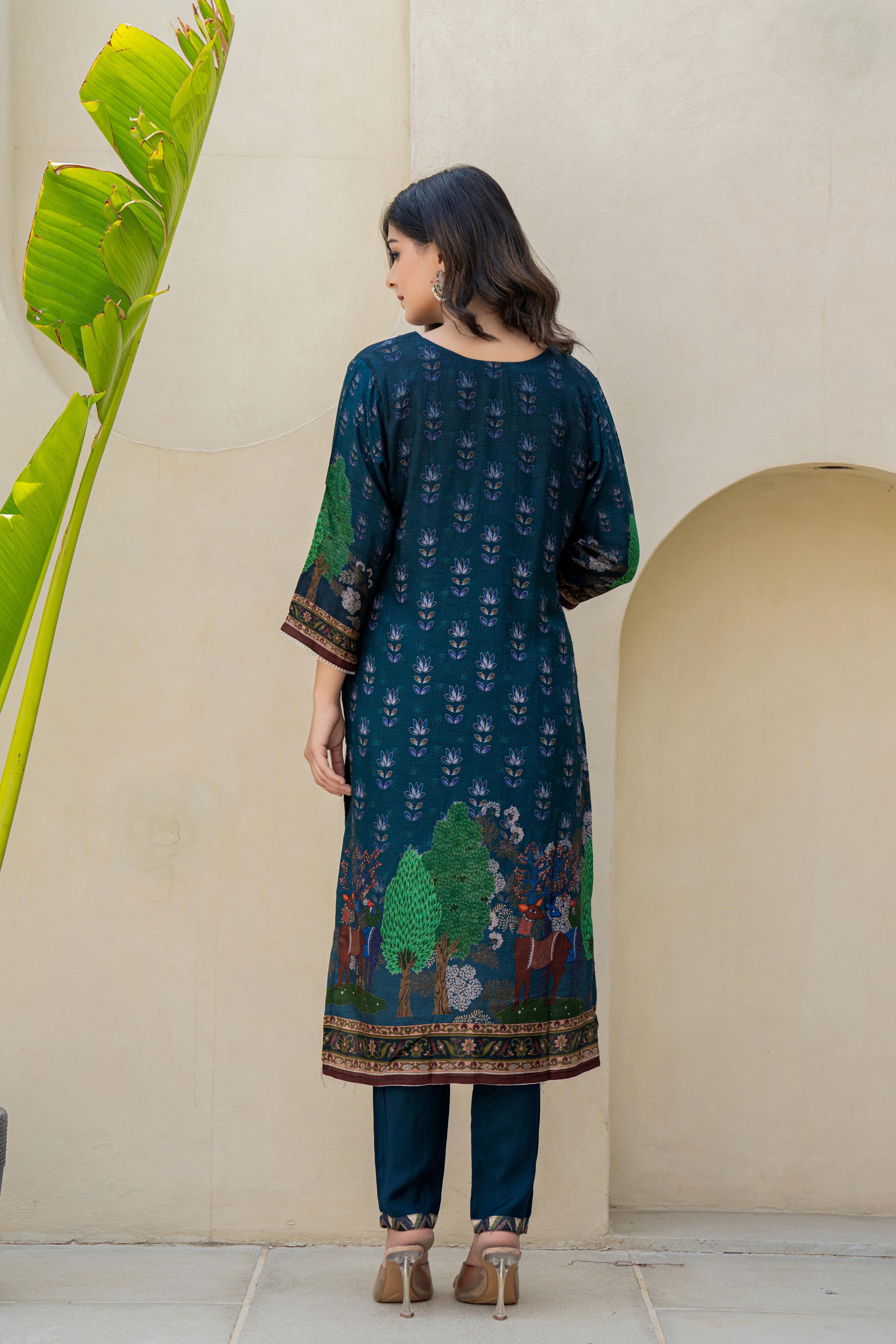 Navy Blue Embroidered Kurti Set with Scenic Dupatta | House of Olivia back view

