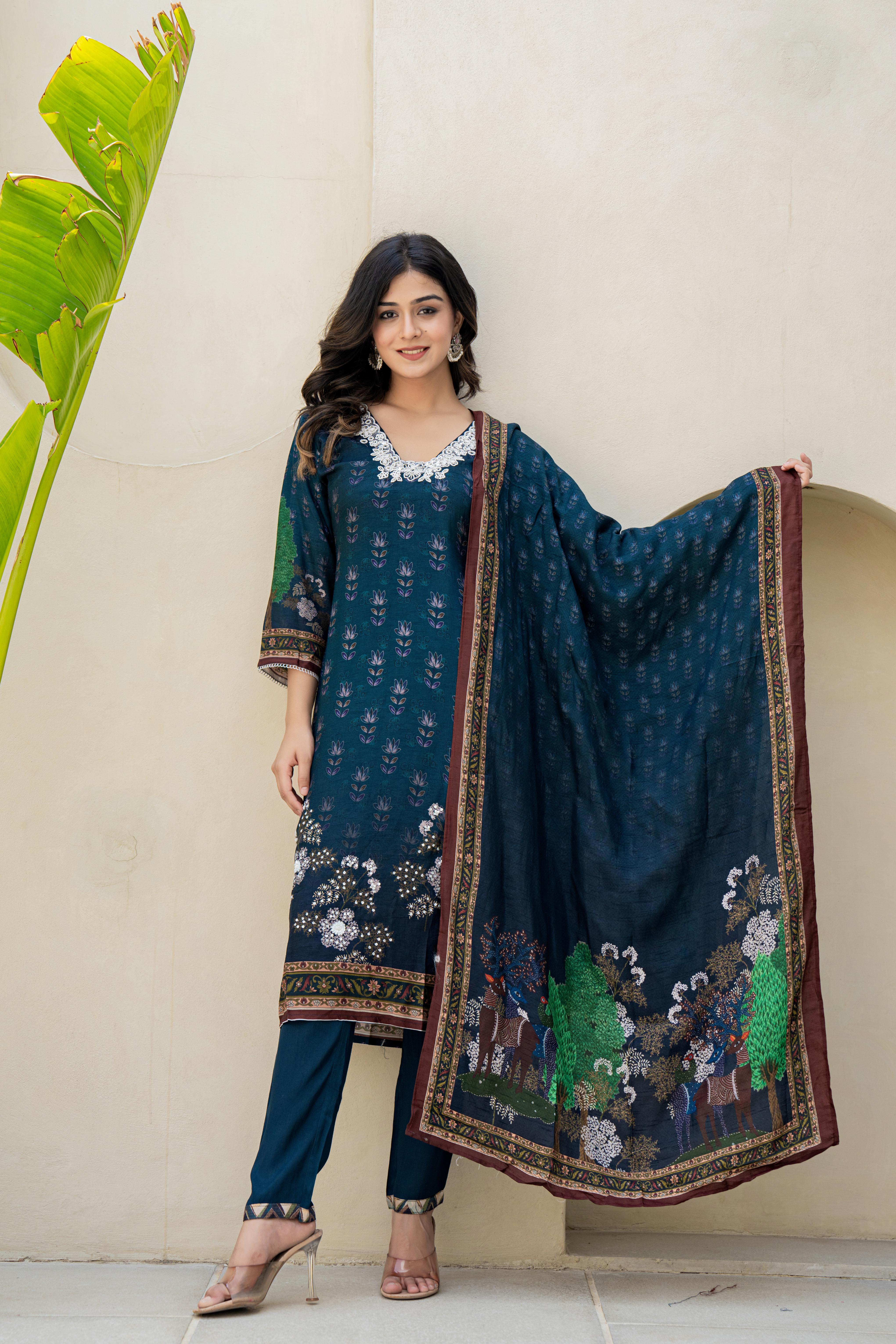 Navy Blue Embroidered Kurti Set with Scenic Dupatta | House of Olivia front view

