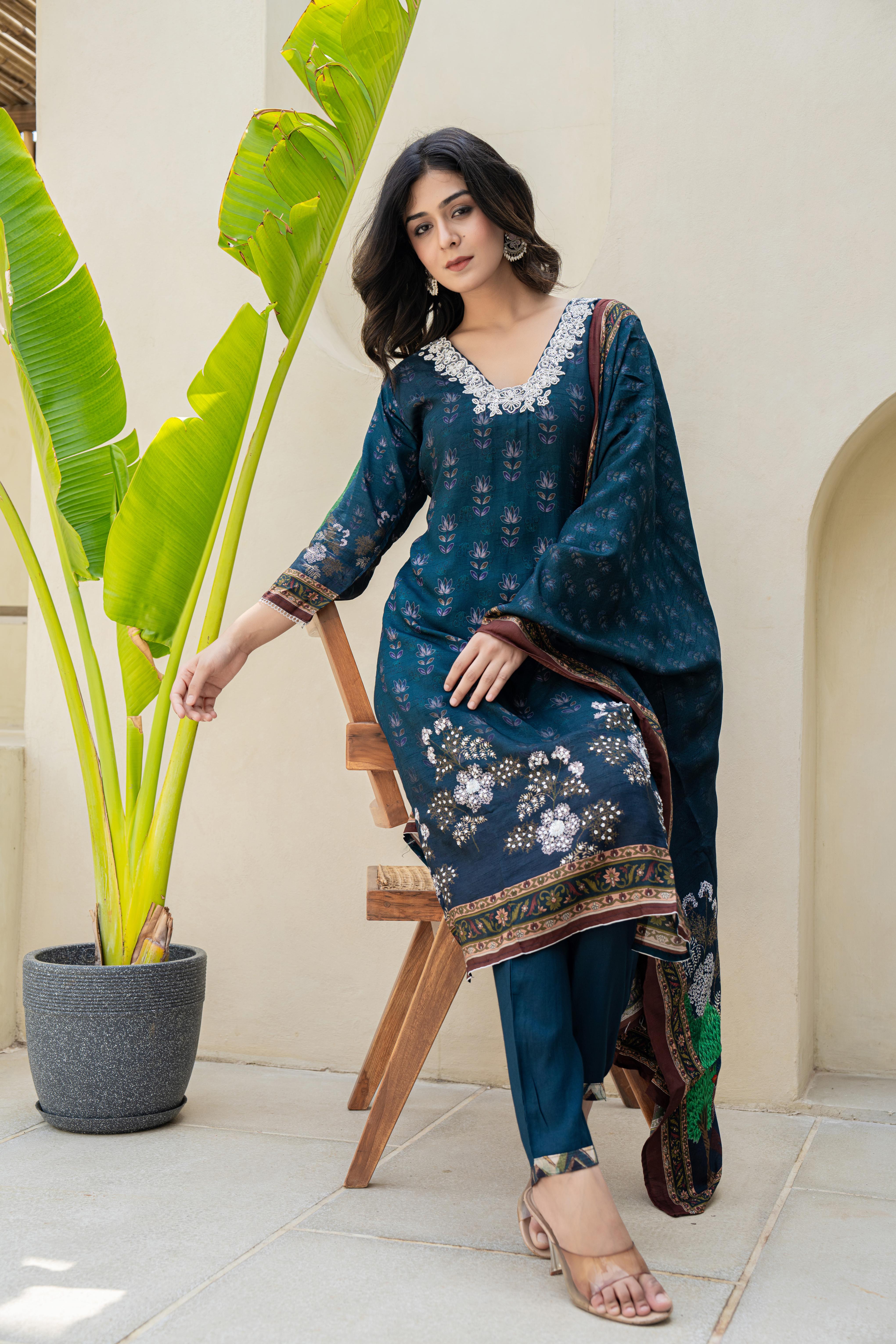 Navy Blue Embroidered Kurti Set with Scenic Dupatta | House of Olivia sitting view

