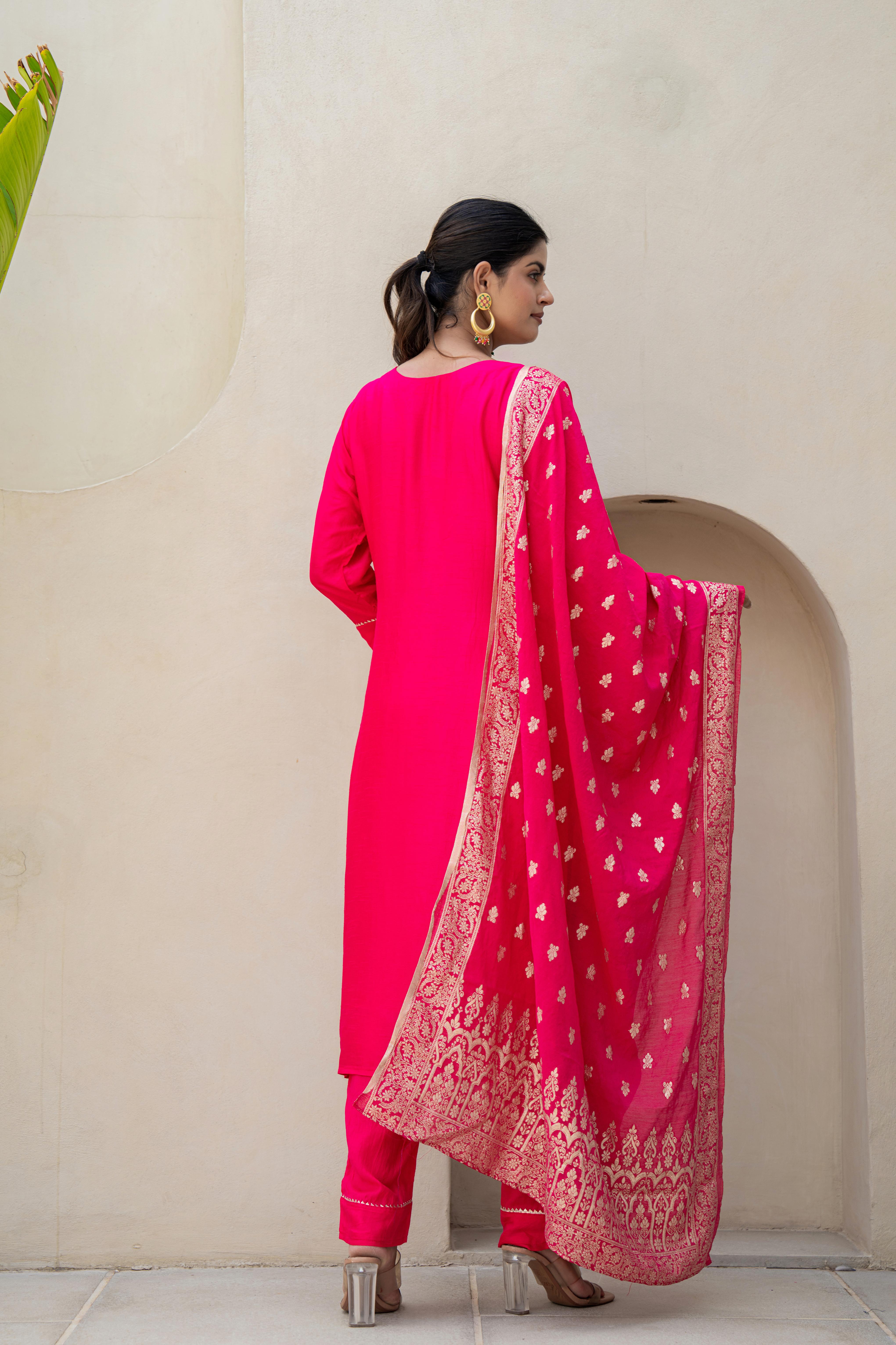 Fuchsia Pink Embroidered Kurti Set with Dupatta | House of Olivia back view

