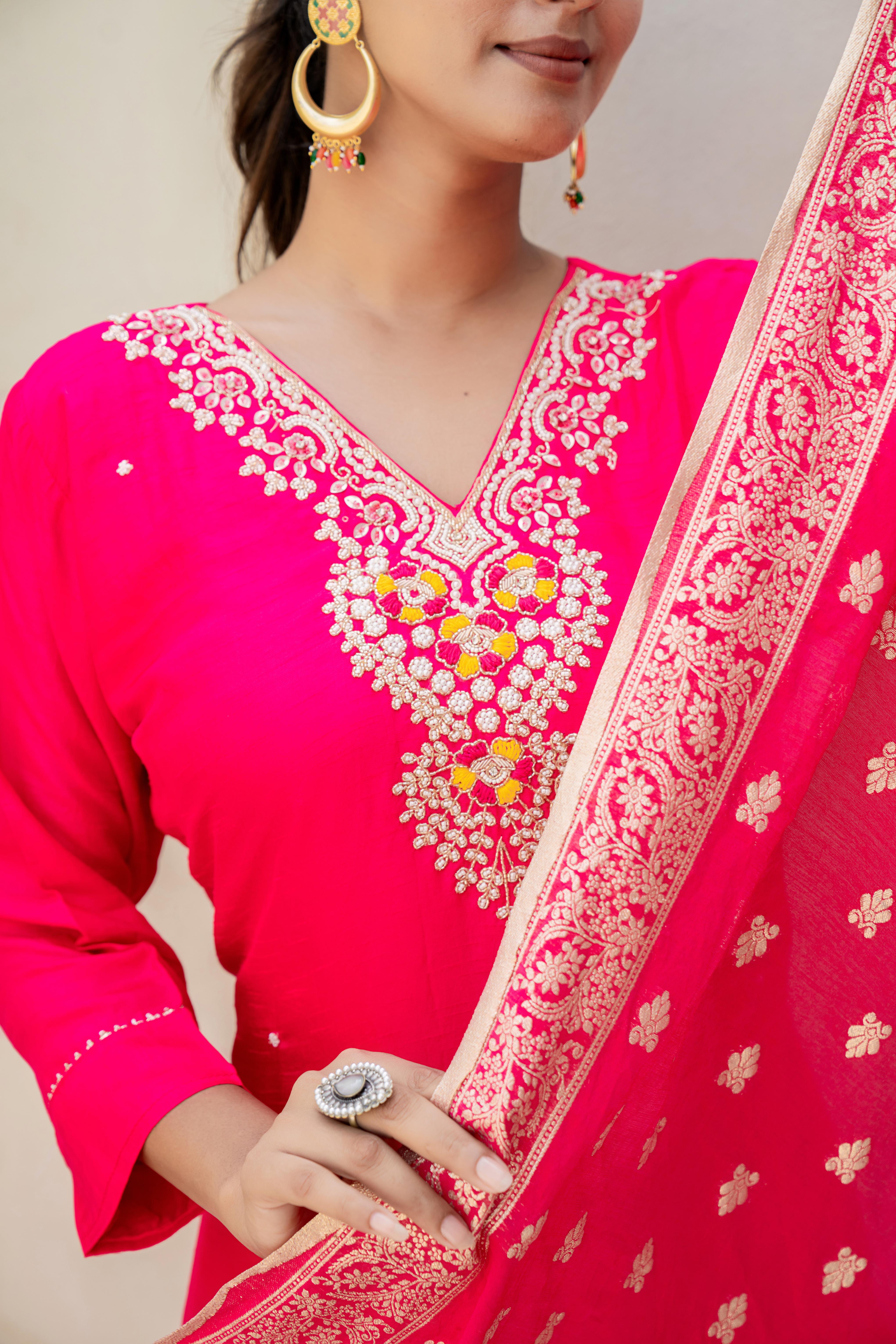 Fuchsia Pink Embroidered Kurti Set with Dupatta | House of Olivia neckline view

