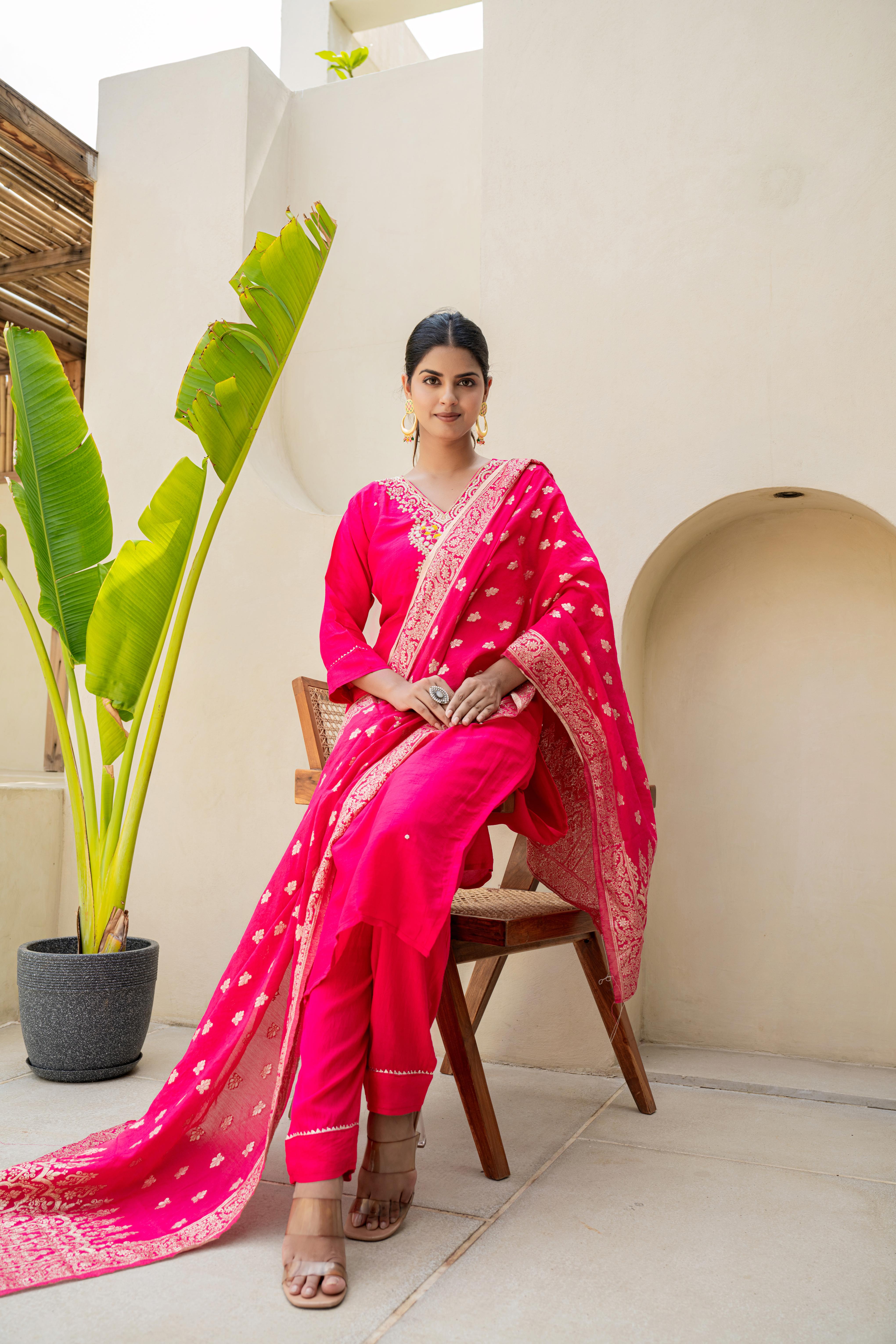 Fuchsia Pink Embroidered Kurti Set with Dupatta | House of Olivia sitting view

