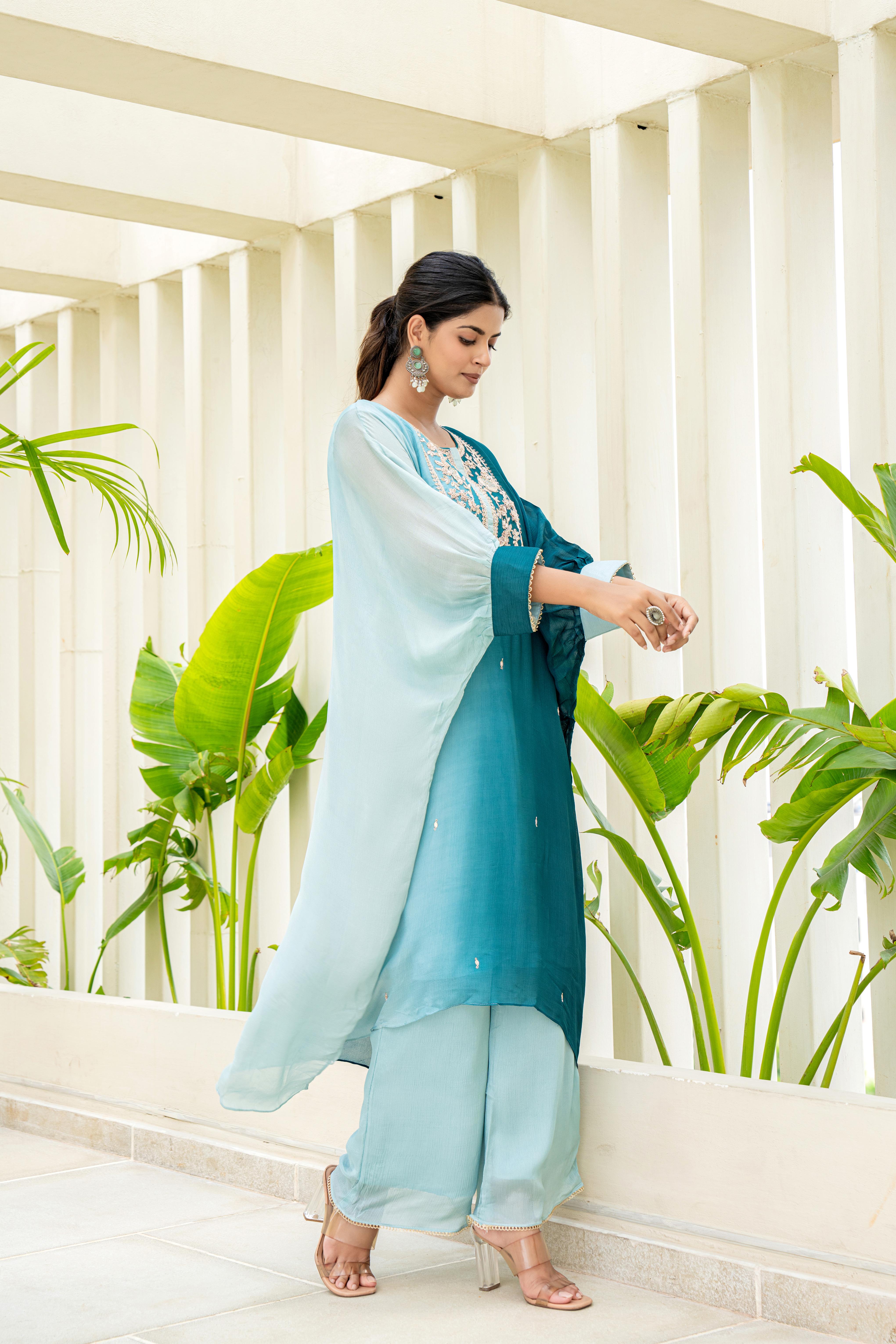 Aqua Ombre Indo-Western Co-ord Set with Embroidered Detailing | House of Olivia side view

