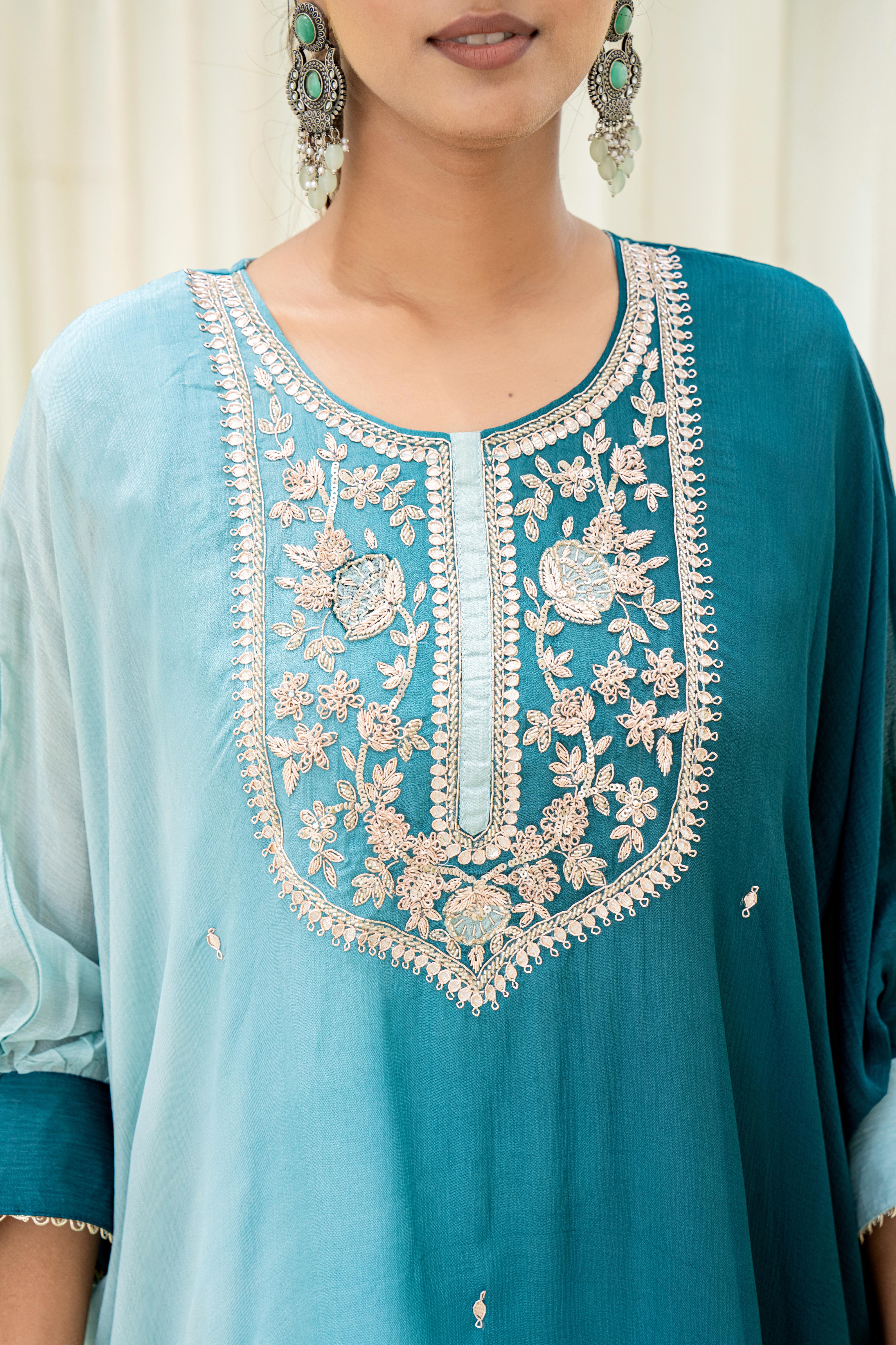 Aqua Ombre Indo-Western Co-ord Set with Embroidered Detailing | House of Olivia neckline view

