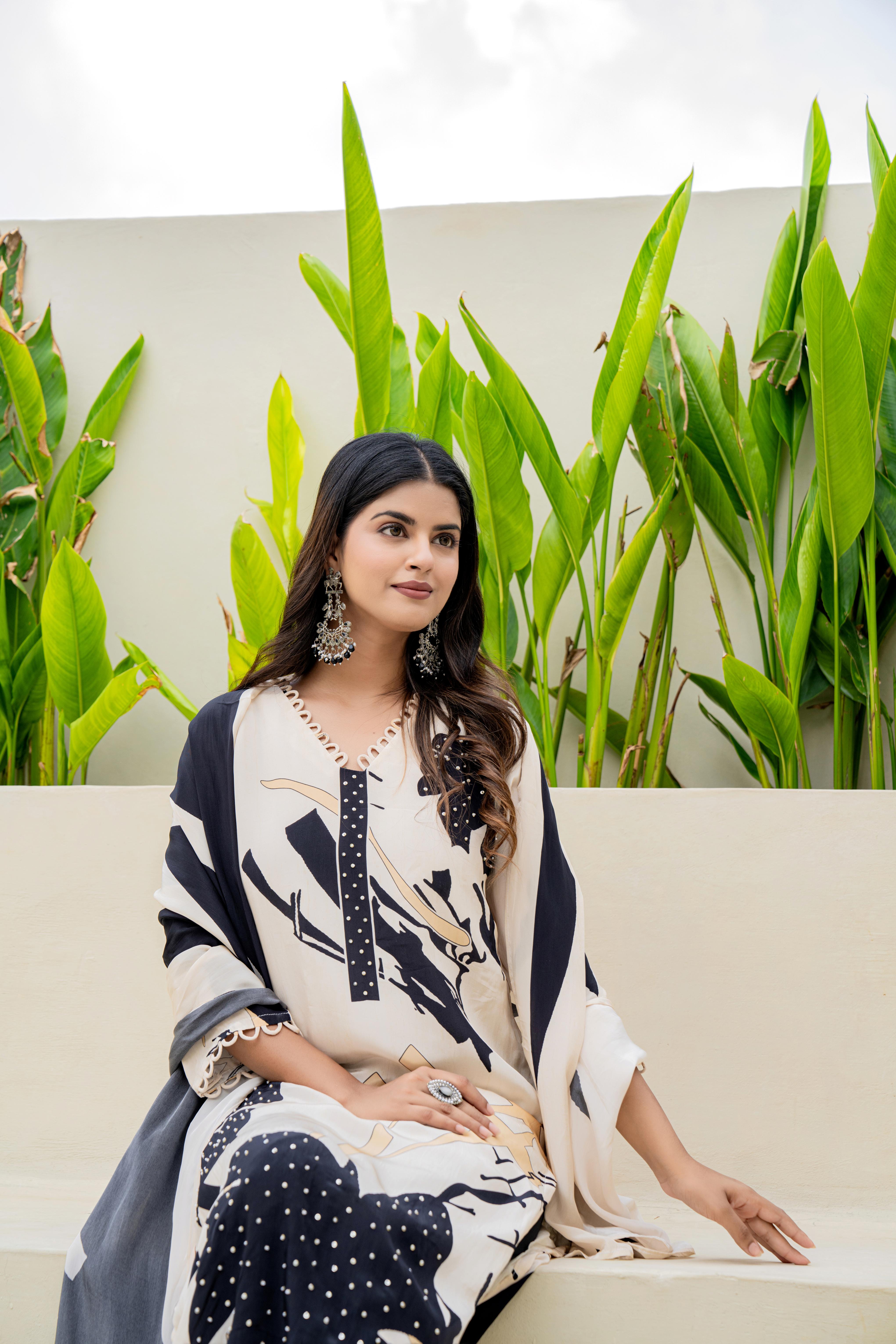 Black & White Floral Printed Kurti Set with Dupatta | House of Olivia top view
