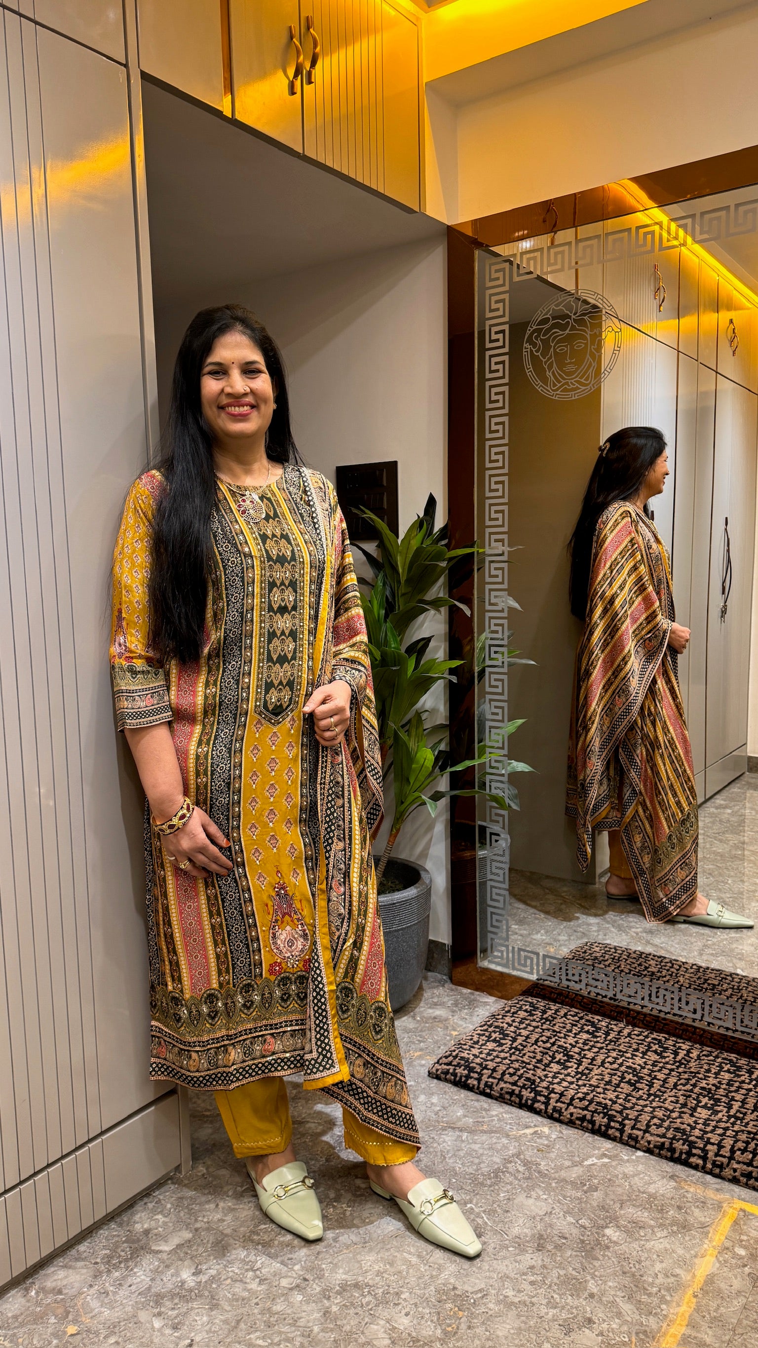 Mustard Printed Long Kurti with Ethnic Detailing Full view