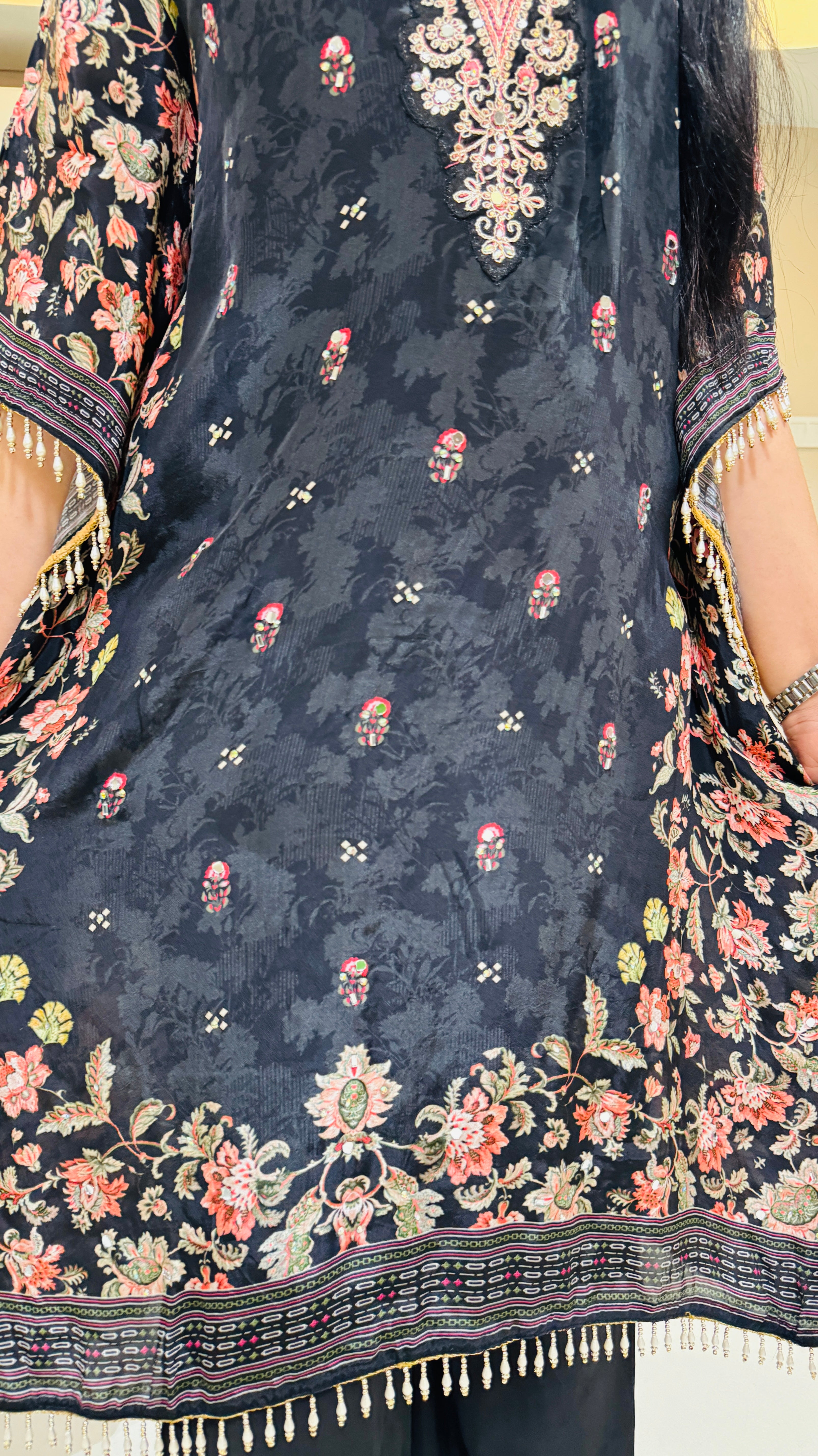 Hand-Embroidered Black Floral Kaftan Zoomed view