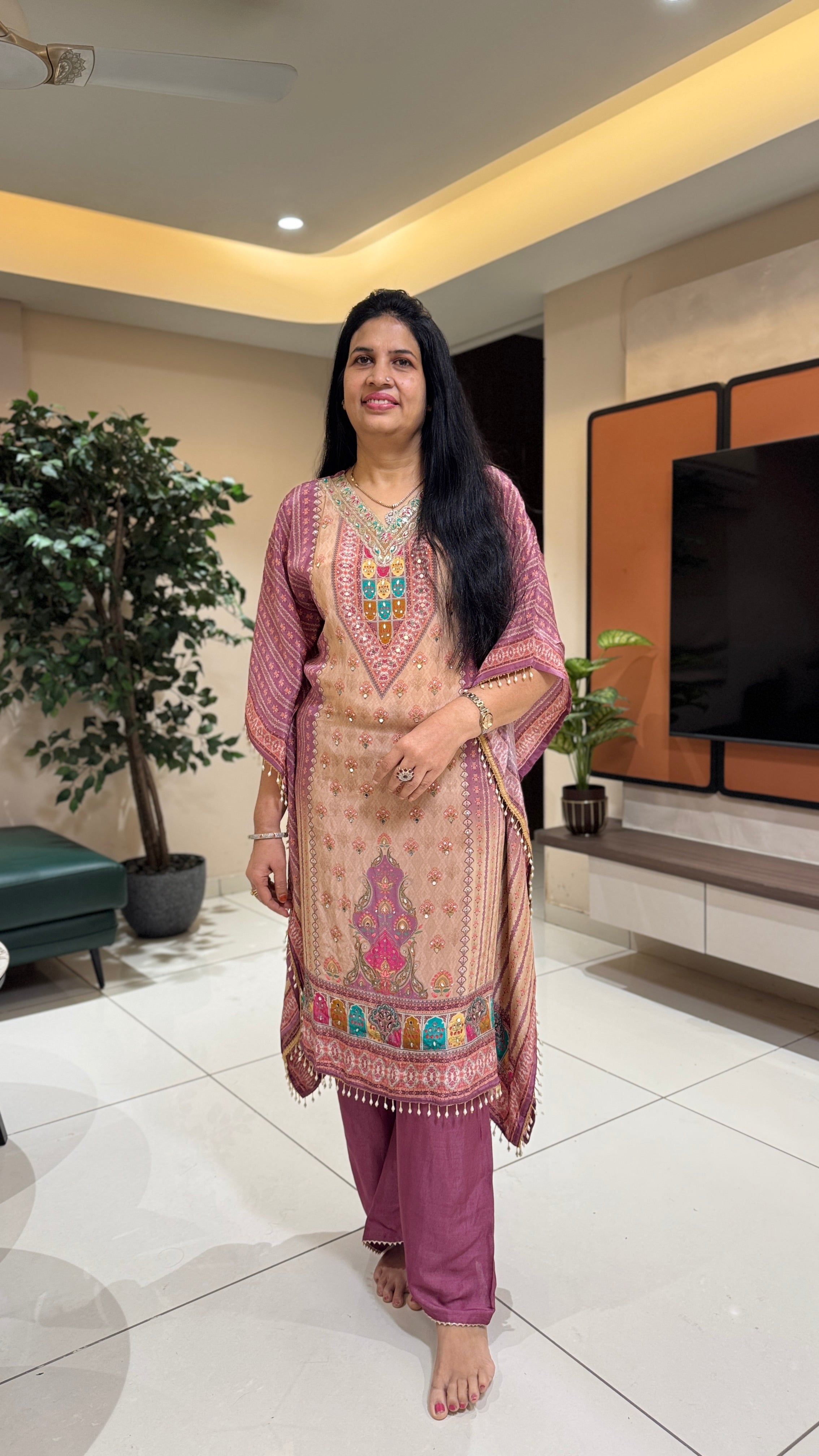 Beige and Purple Printed Kaftan with Ethnic Motifs                                                            