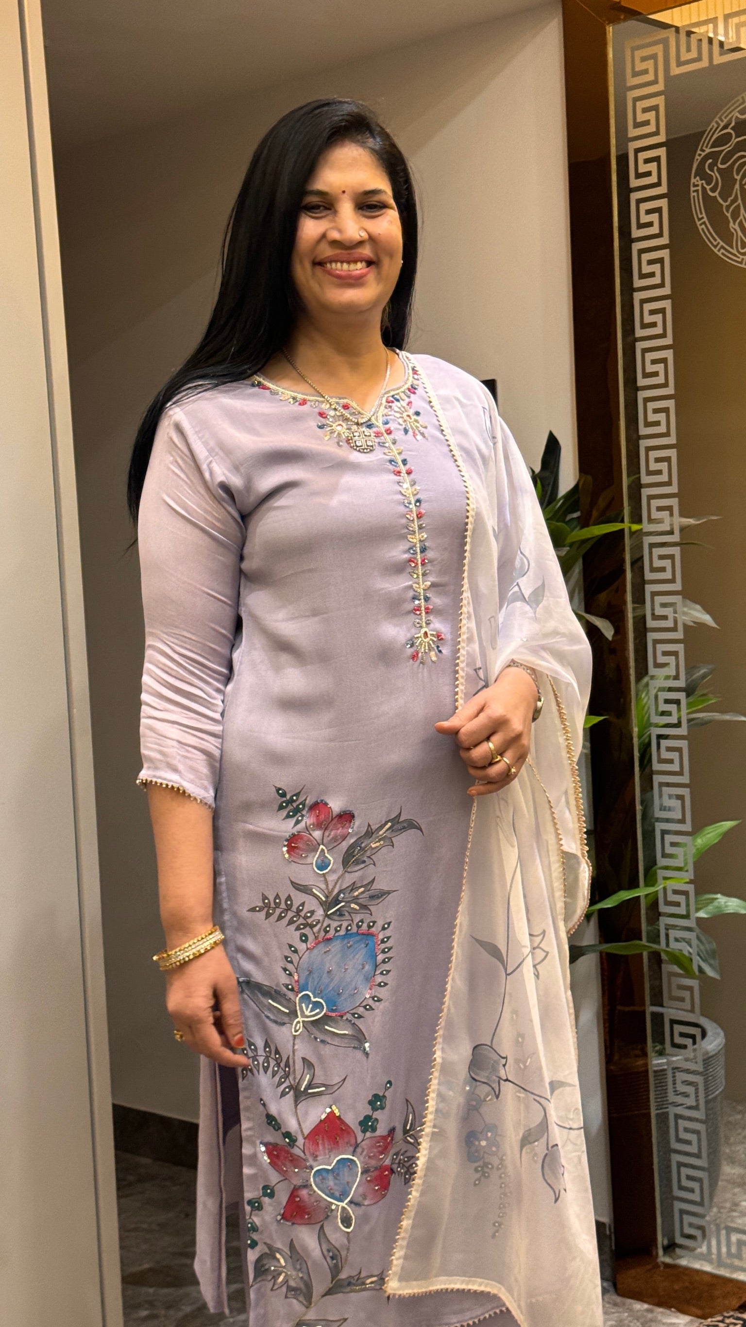 Soft Lavender Floral Embroidered Kurti Set with Dupatta side view