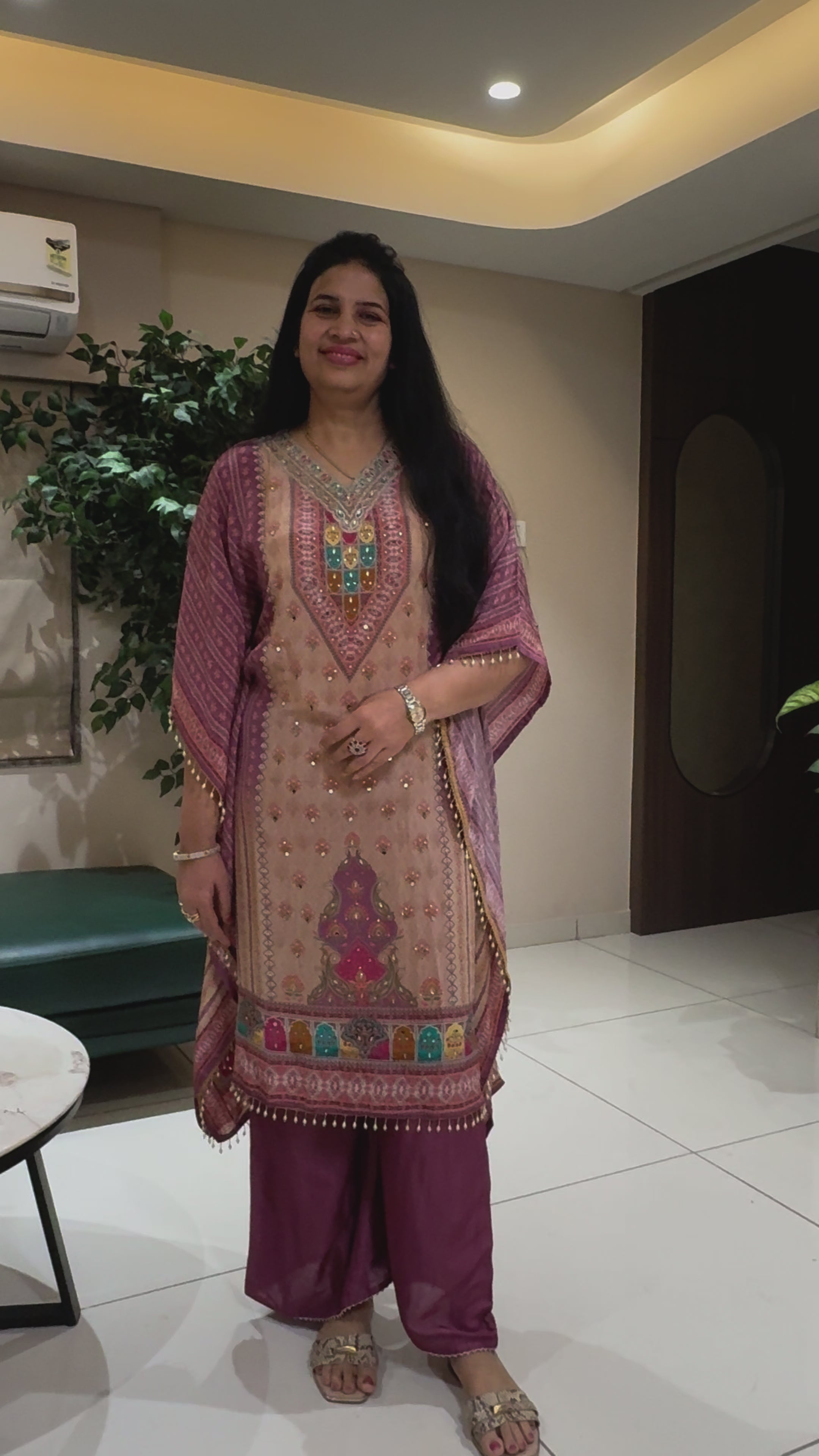 Beige and Purple Printed Kaftan with Ethnic Motifs